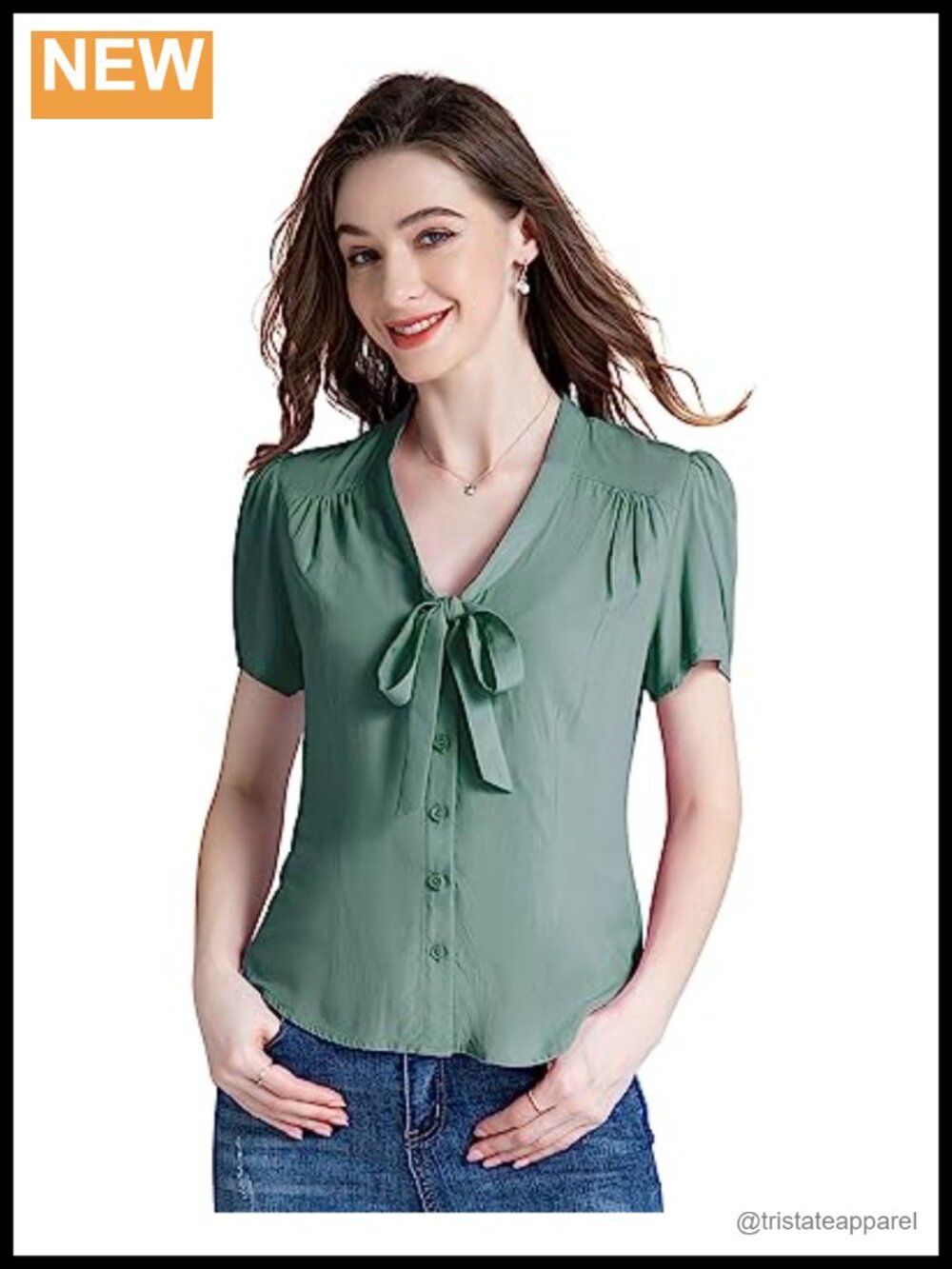 Viscose Button Down Shirt 1950s Retro Bow Tie Blouse Short Sleeve